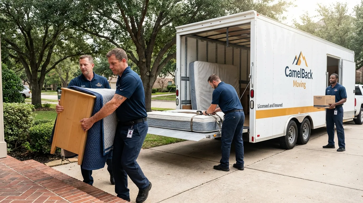 Crew loading residential truck for cross-state move from Luna Pier, MI