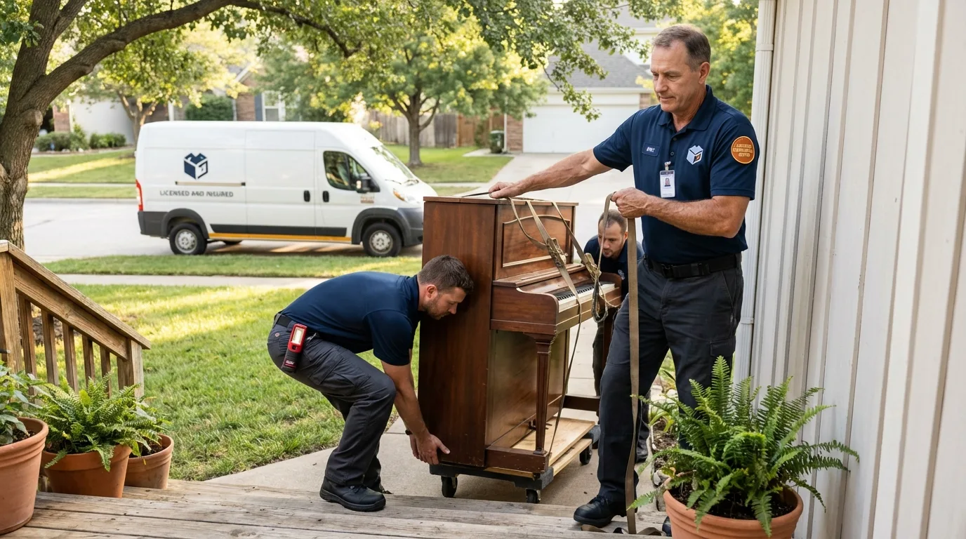 Licensed piano movers securing grand piano in Luna Pier, MI