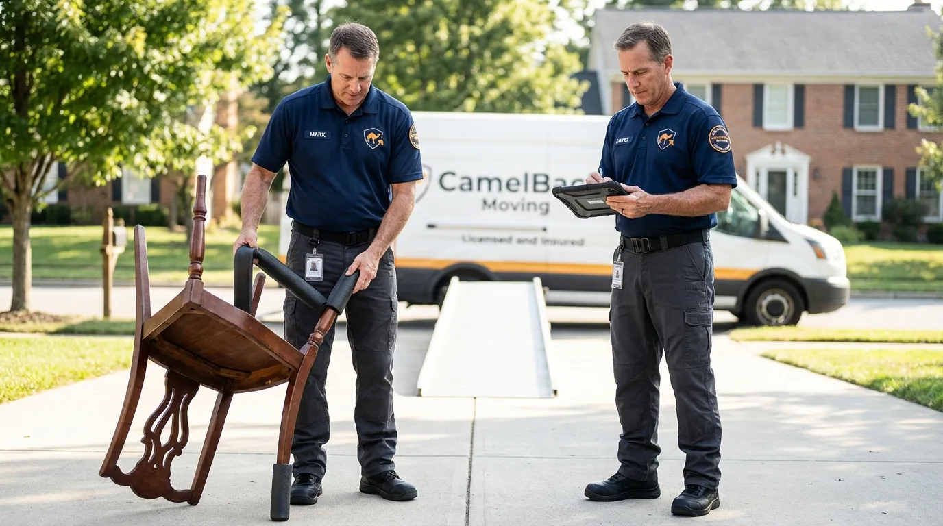 Movers inspecting furniture for damage prevention before loading in Luna Pier, MI