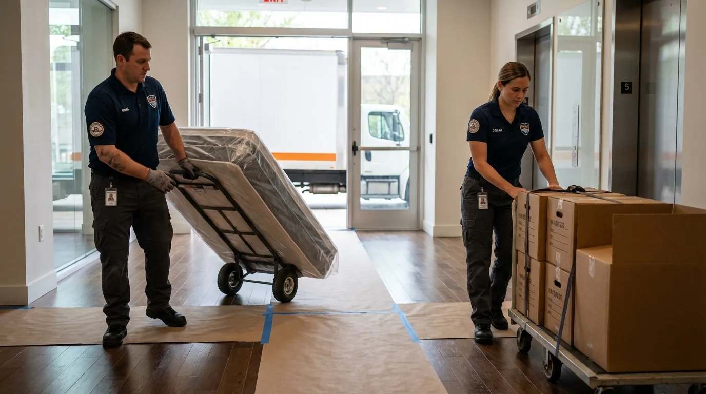 Professional apartment movers loading elevator in Luna Pier, MI