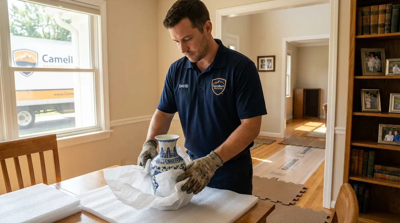Professional crew carefully wrapping antique vase for senior downsizing move in Luna Pier, MI